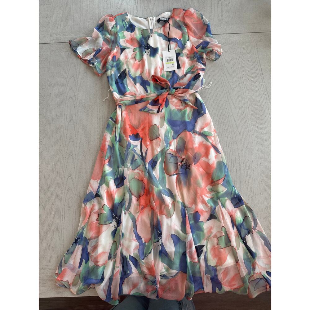 DKNY Floral Watercolor Mini Dress in Coral, Blue, Green